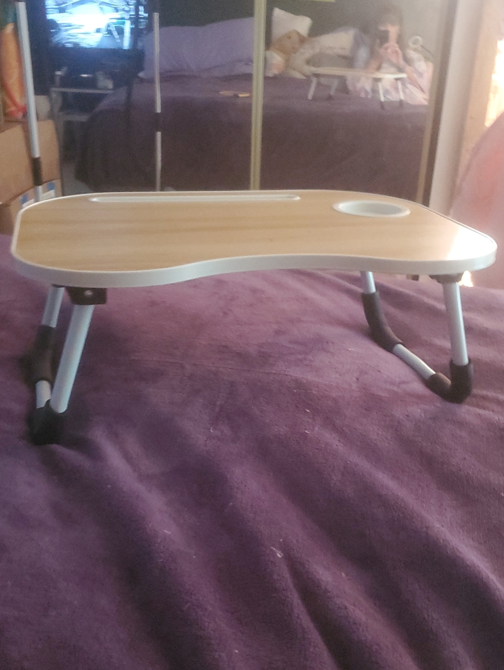 Portable Bamboo Laptop Desk with Cup Holder - White/Silver Accents